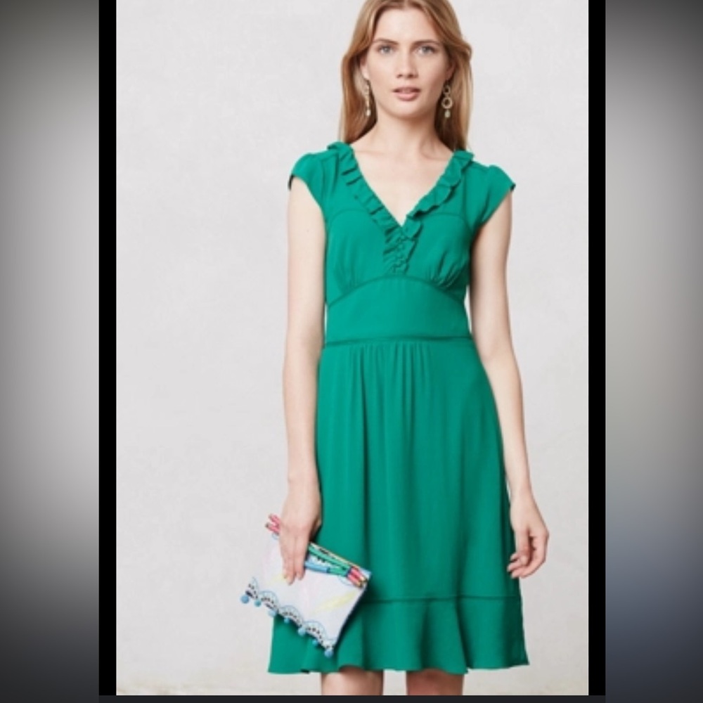 Anthropologie Maeve Green Ruffled Della Sleeveless Dress Sz 0